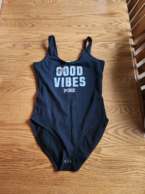 Victoria Seceret Pink  Black  One-Piece Bodysuit with White 'Good Vibes' Print